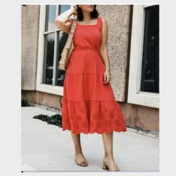 Talbots Dresses & Skirts - Talbot's Fit & Flare Coral Tiered Eyelet Ruffle Midi Dress Medium